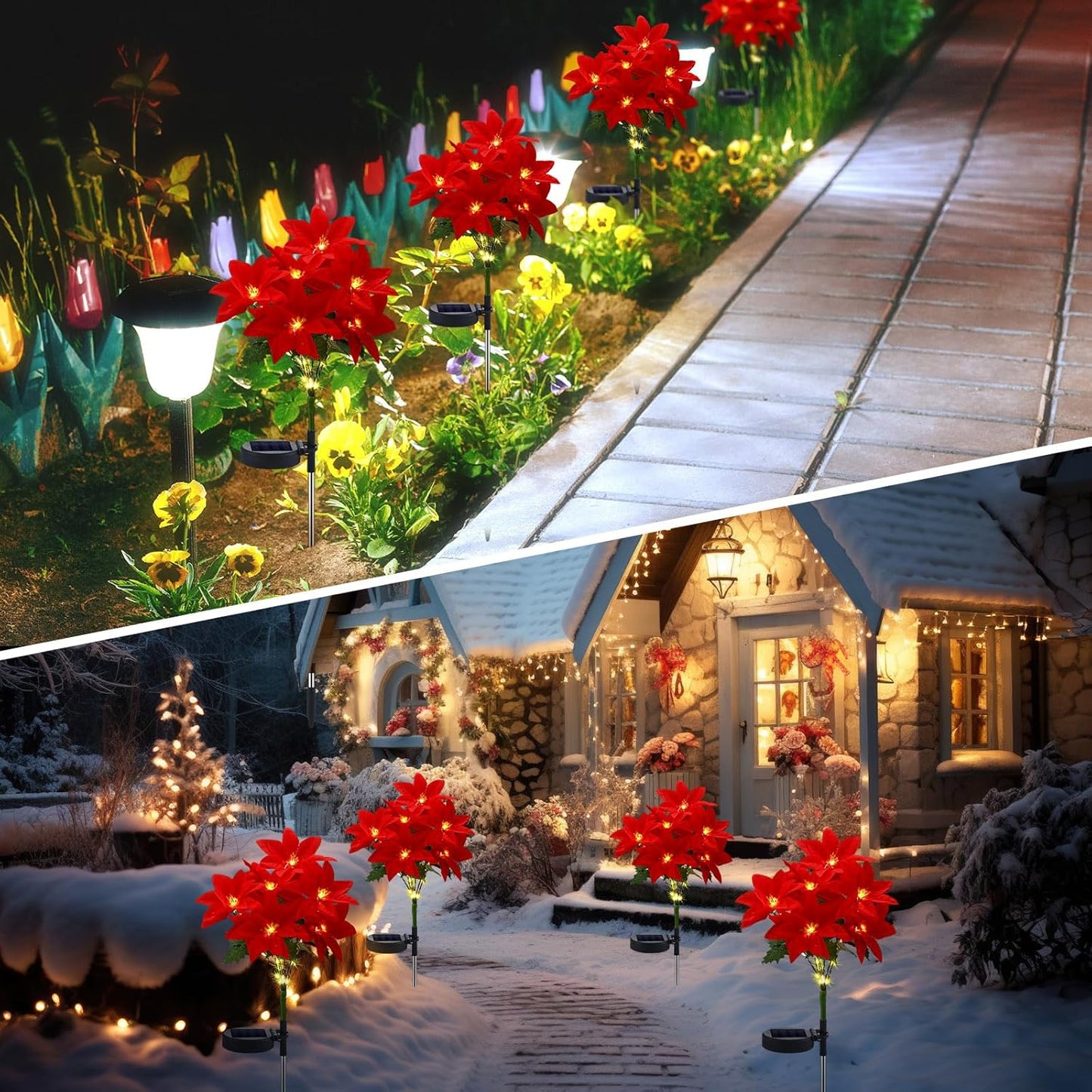 🌺 Artificial Christmas Poinsettia Flower Solar Light 🇬🇧 (Waterproof, Garden, Xmas Party Decoration)